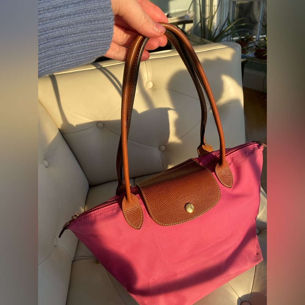 Longchamp Le Pliage Original Medium Tote Hot Pink Magenta Nylon Brown Leather - Picture 9 of 16